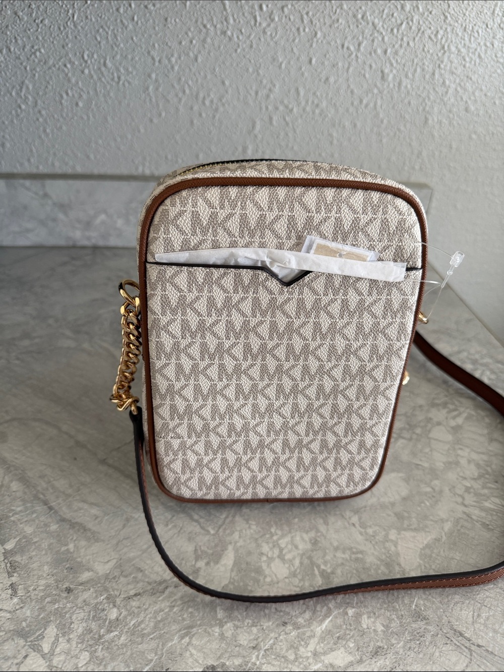 Michael Kors Neutral MK Logo Compact Crossbody with Brown Trim - Picture 2 of 4